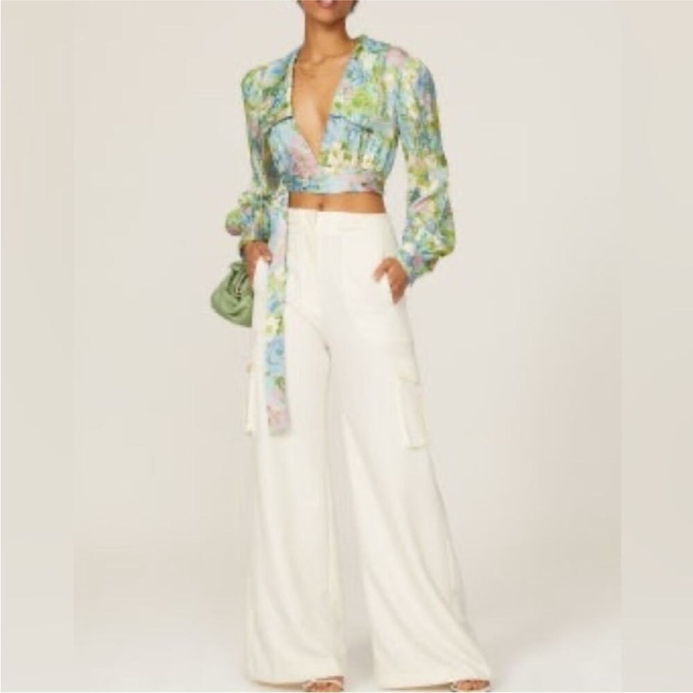 Ronny Kobo- Green and Purple Floral Demna Longsleeve Tie Cropped Top - Picture 3 of 5